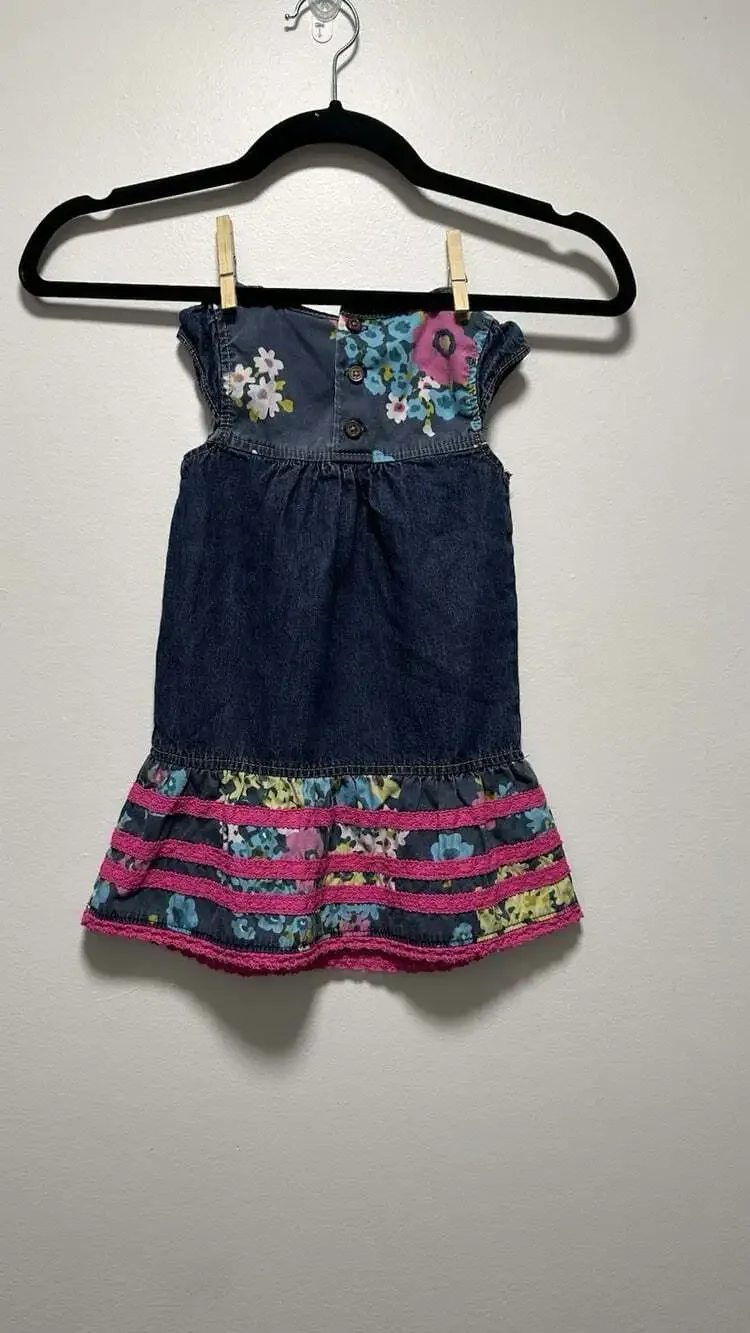 OshKosh Vintage Genuine Kids Denim Floral Short Sleeve Dress 2T Y2K Floral Pink